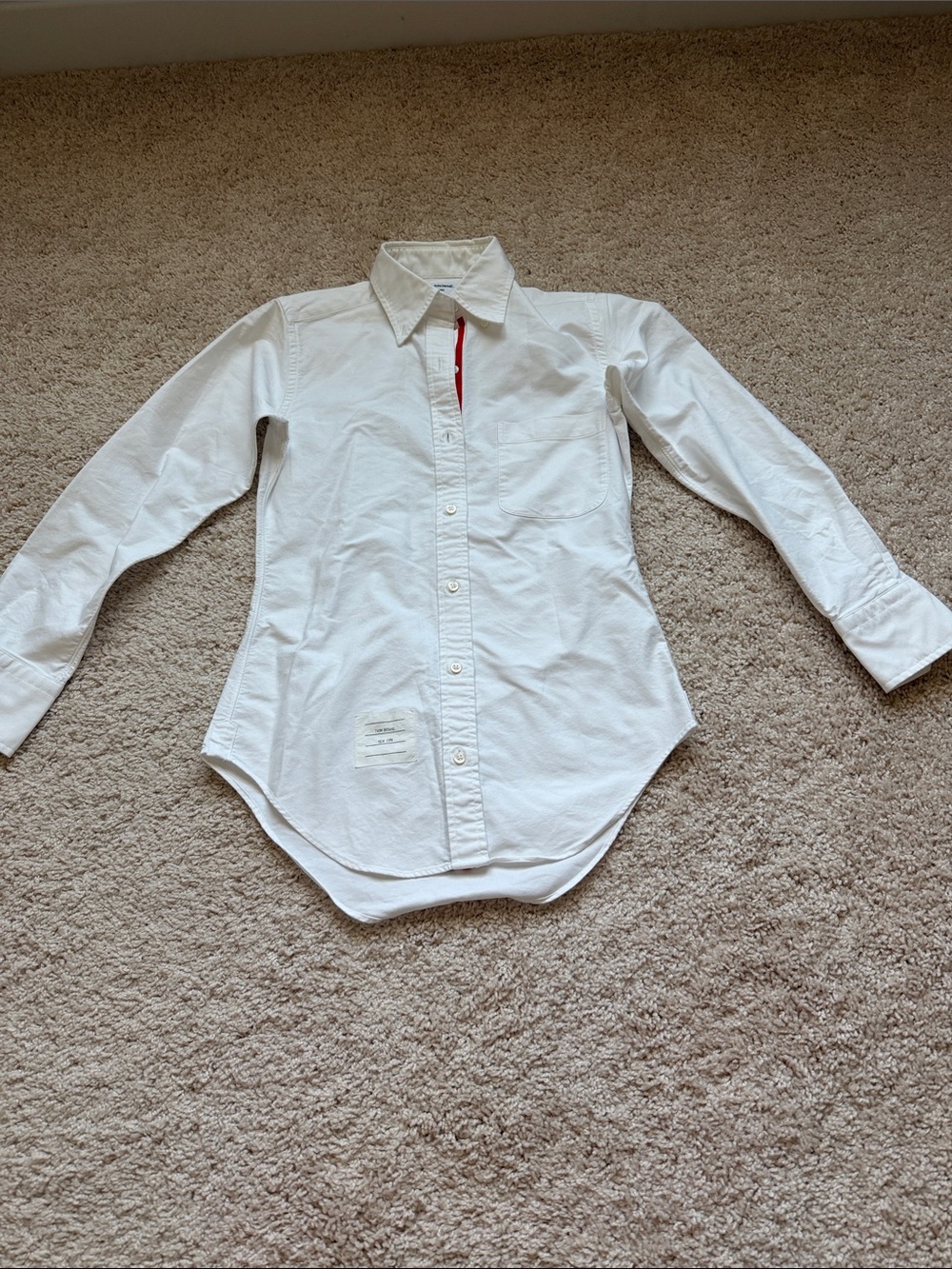 Thom Browne White Button-Up Shirt with Red Placket Accent